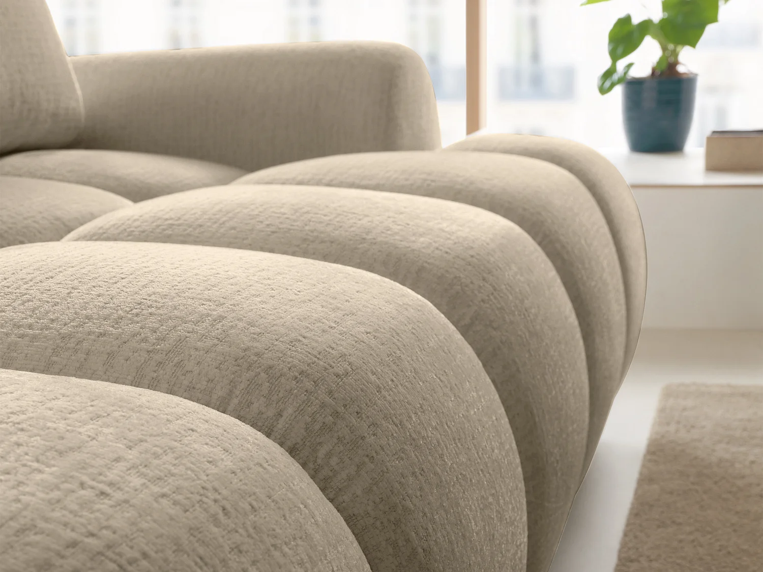 Canapé d'angle droit convertible en tissu chenille taupe FARNETA