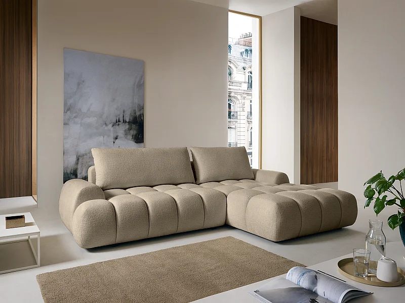 Canapé d'angle droit convertible en tissu chenille taupe FARNETA