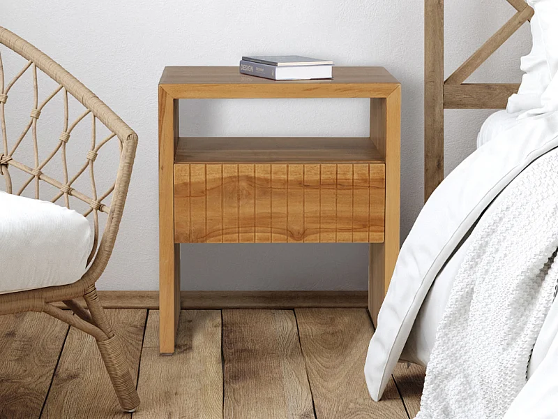 Lot de 2 tables de chevet 1 tiroir et 1 niche - Bois de teck - Coloris : Naturel - REVUKA