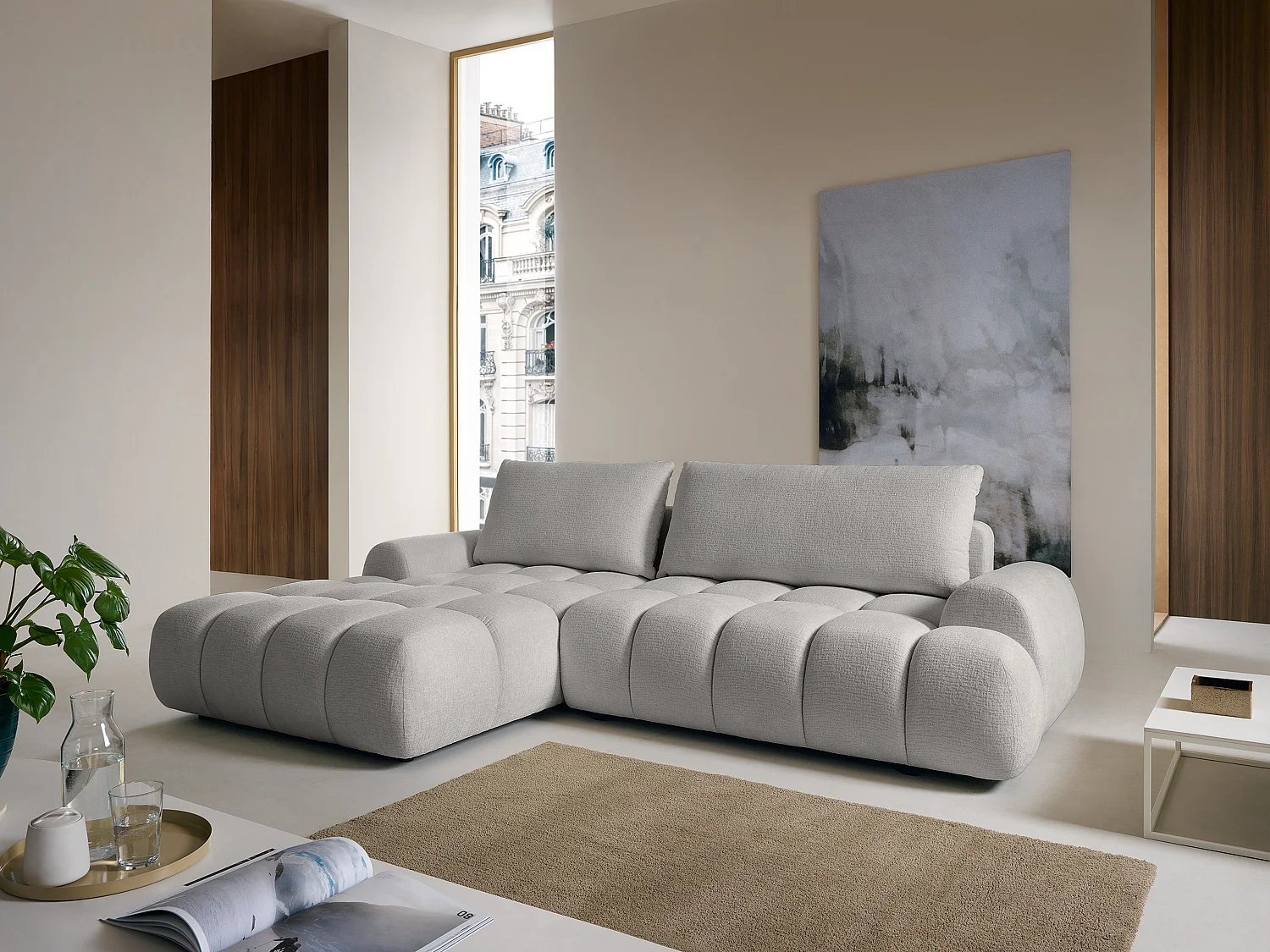 Canapé d'angle gauche convertible en tissu chenille gris clair FARNETA