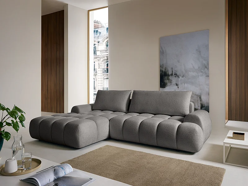 Canapé d'angle gauche convertible en tissu chenille gris FARNETA