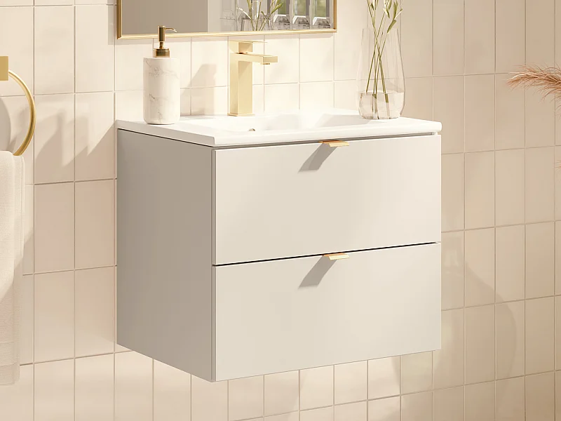 Meuble de salle de bain suspendu avec vasque à encastrer - Beige - 60 cm - LAVENA
