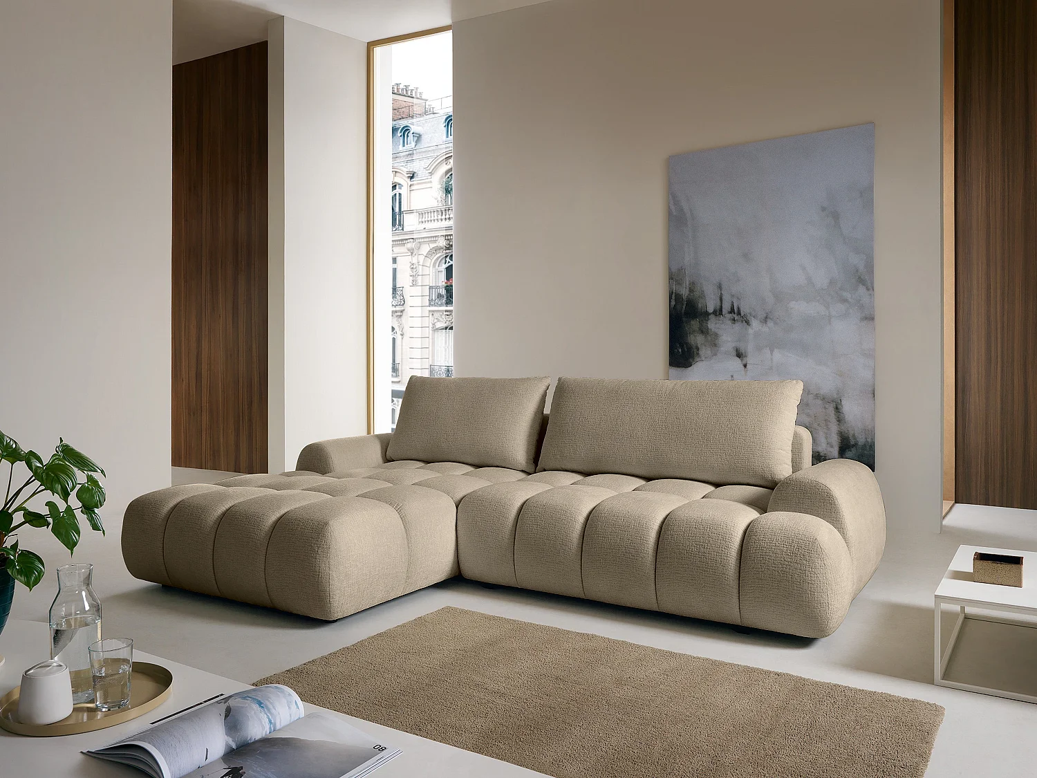 Canapé d'angle gauche convertible en tissu chenille taupe FARNETA