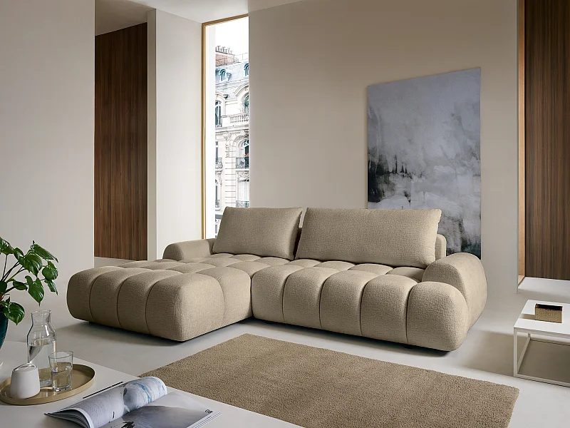 Canapé d'angle gauche convertible en tissu chenille taupe FARNETA