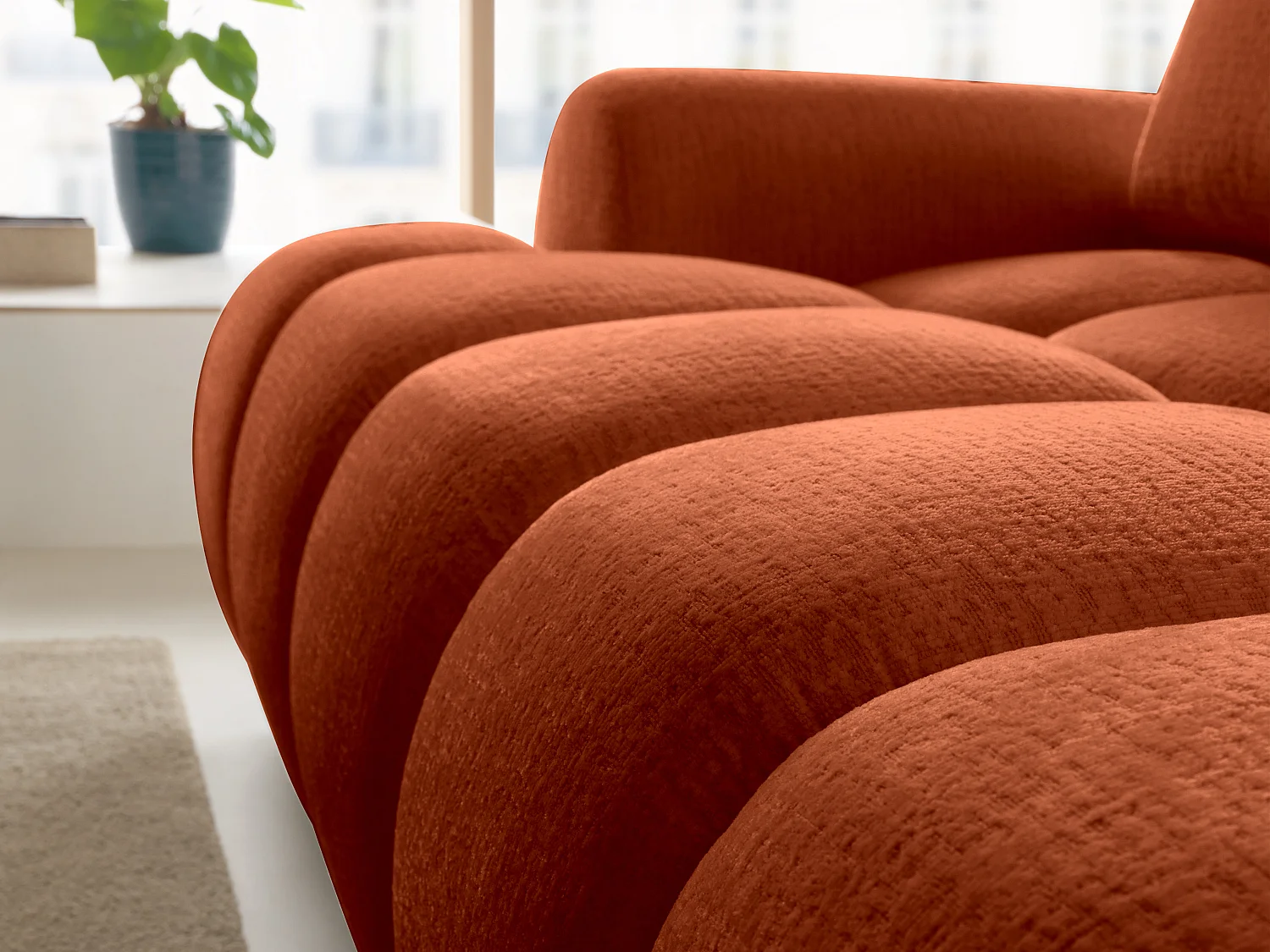 Canapé d'angle gauche convertible en tissu chenille terracotta FARNETA