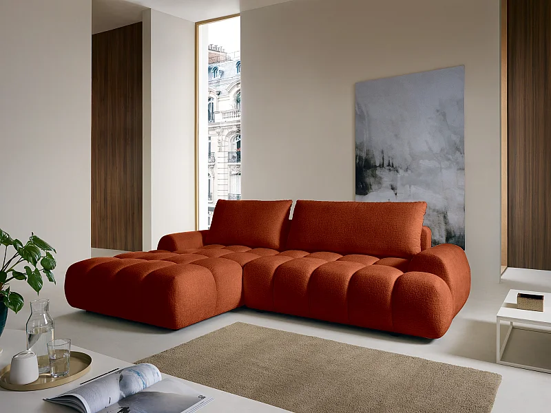 Canapé d'angle gauche convertible en tissu chenille terracotta FARNETA