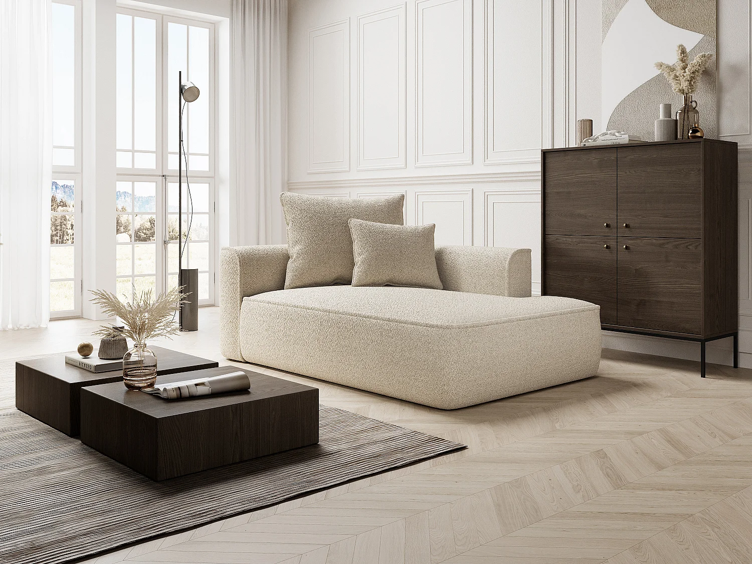 Méridienne droite en tissu chenille beige PINETA