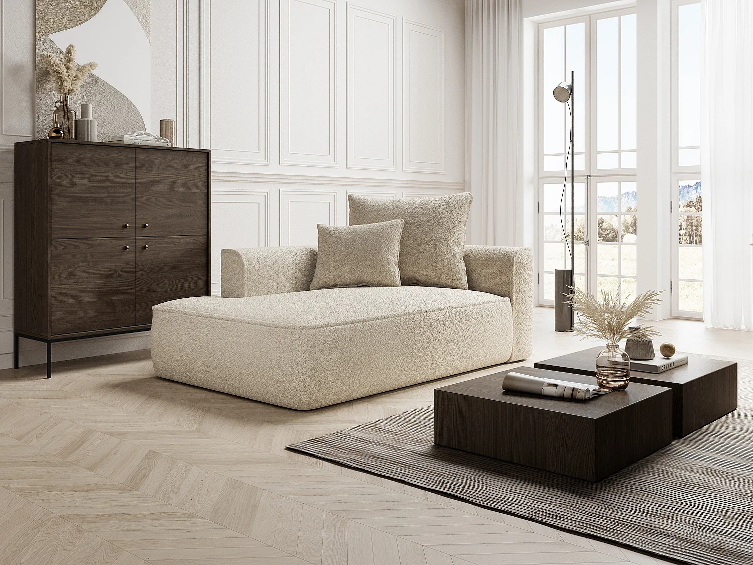 Méridienne gauche en tissu chenille beige PINETA