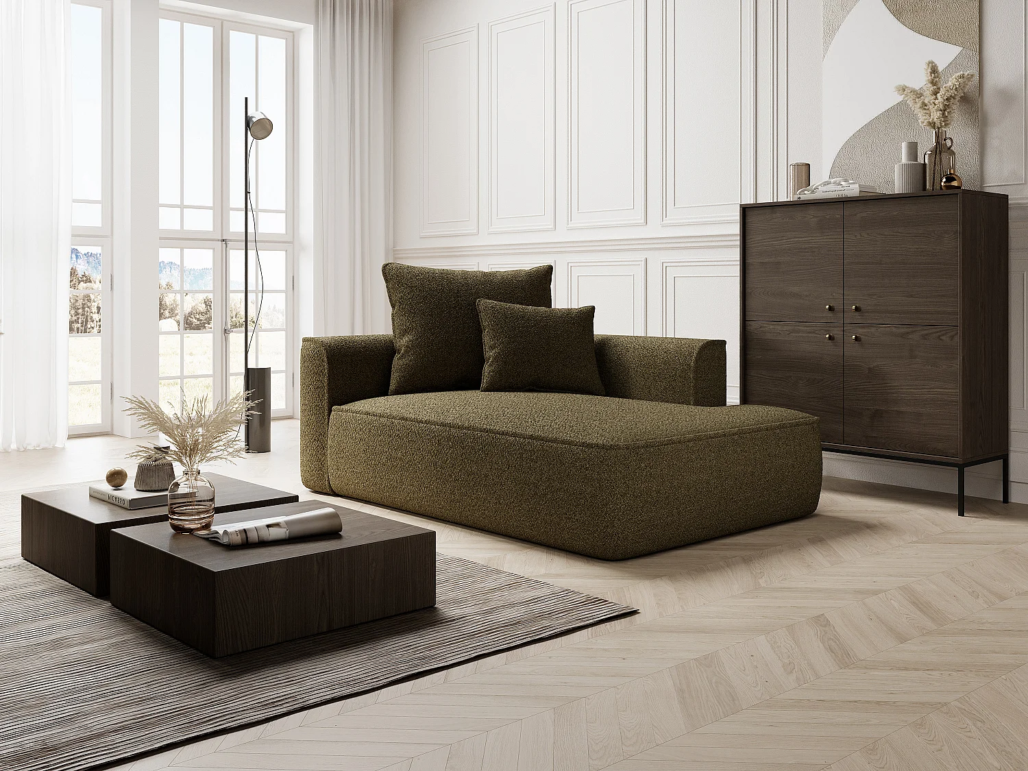 Méridienne droite en tissu chenille vert kaki PINETA