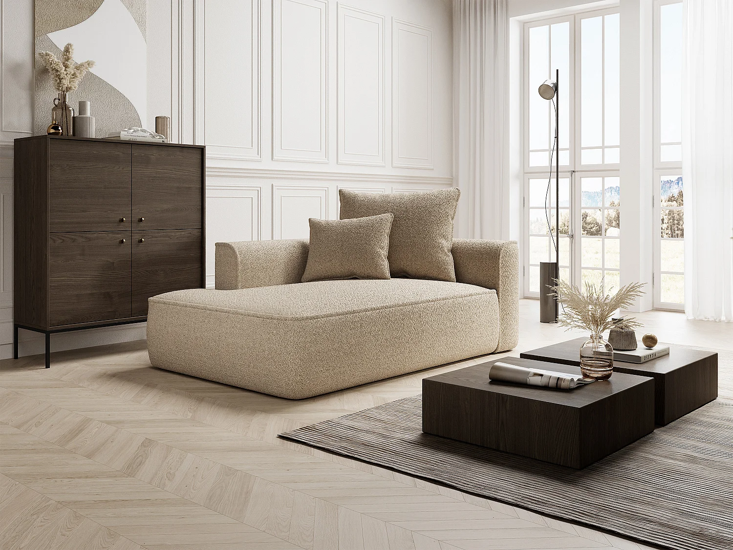 Méridienne gauche en tissu chenille taupe PINETA