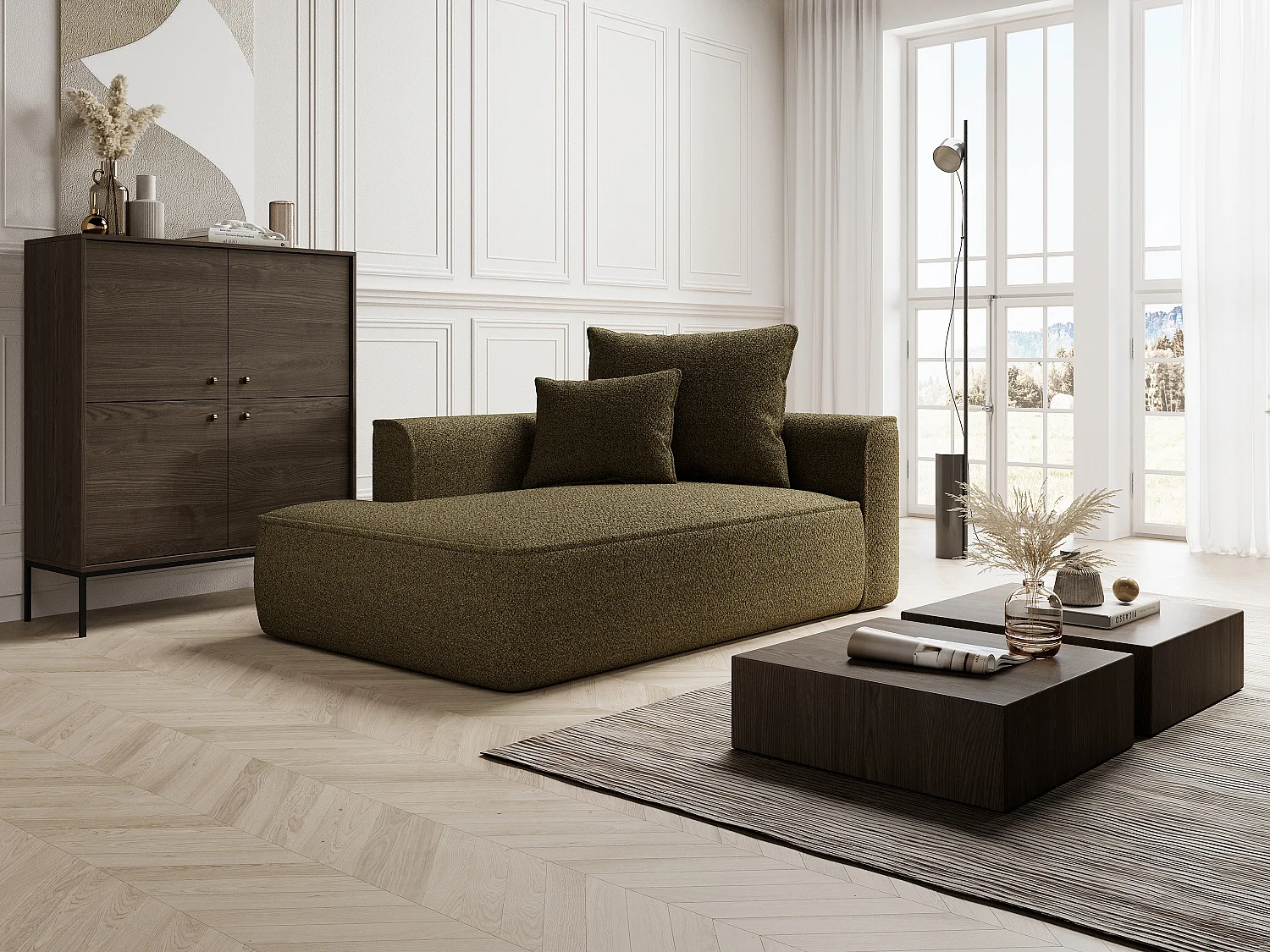 Méridienne gauche en tissu chenille vert kaki PINETA