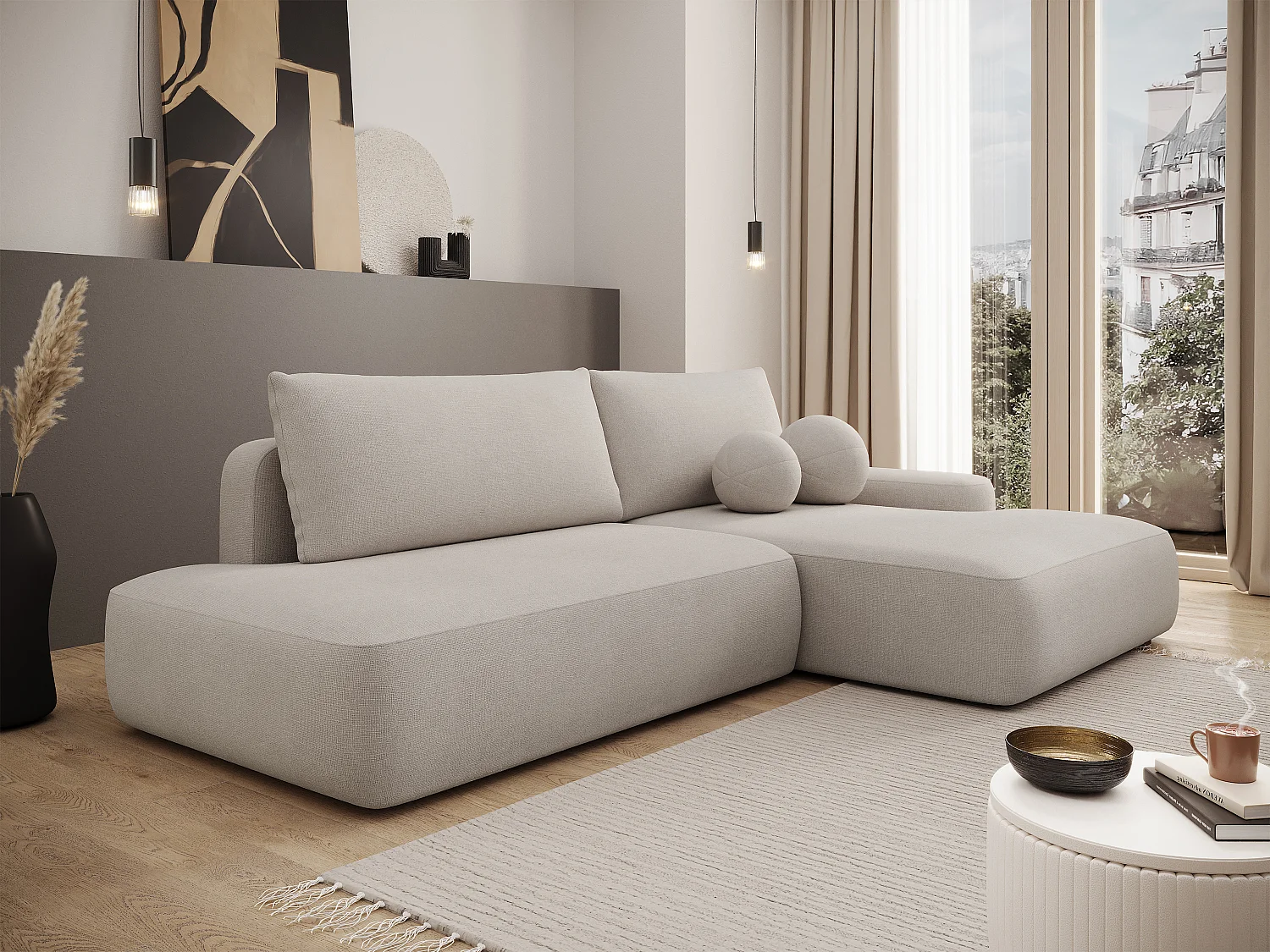 Canapé d'angle droit ouvert convertible en tissu texturé beige DAVISO