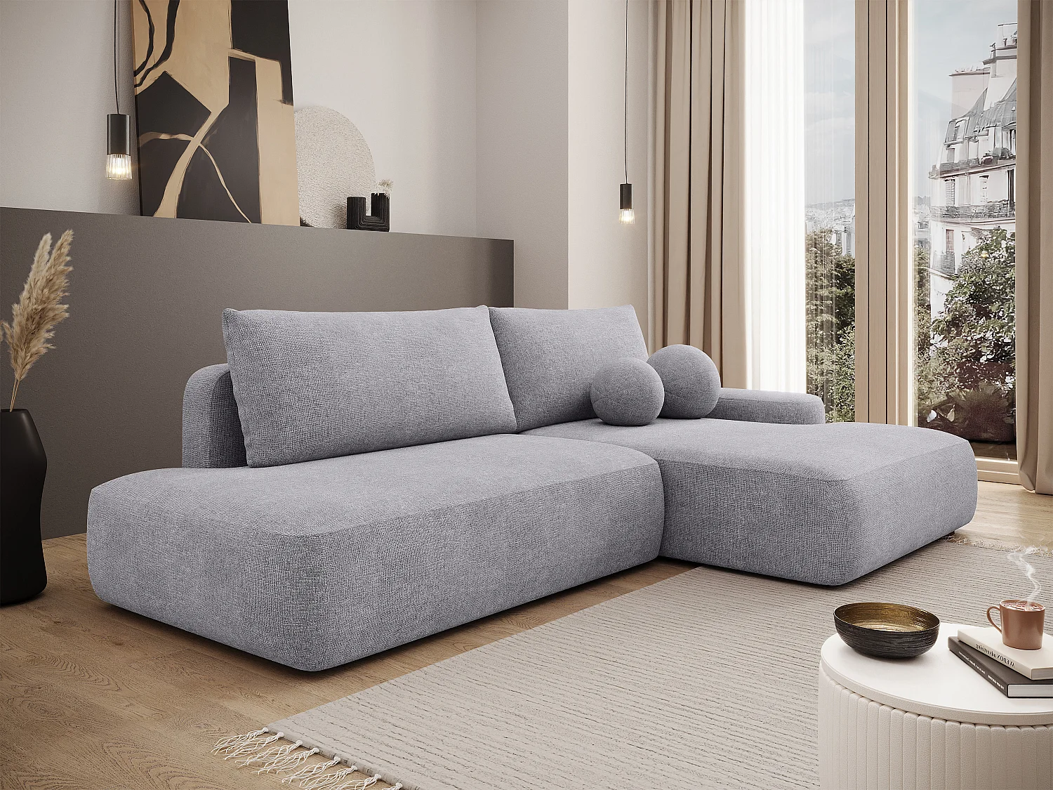 Canapé d'angle droit ouvert convertible en tissu texturé gris clair DAVISO