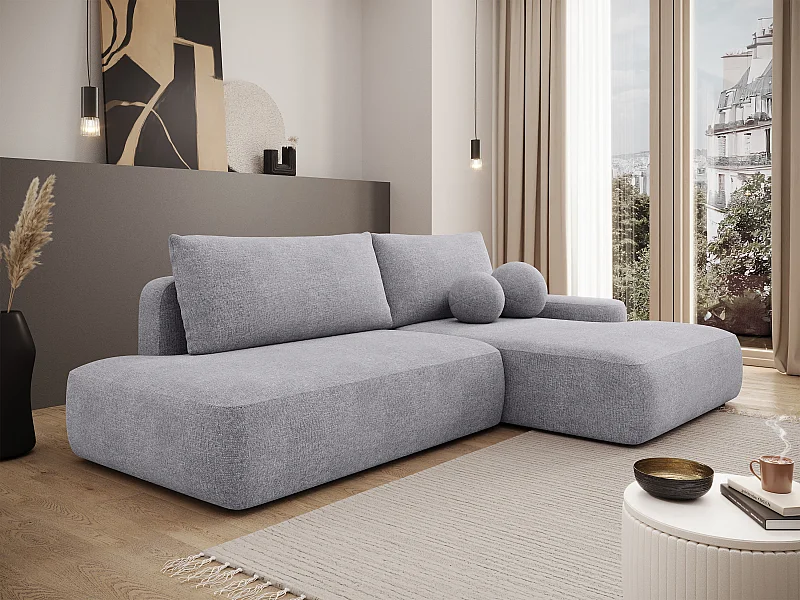 Canapé d'angle droit ouvert convertible en tissu texturé gris clair DAVISO