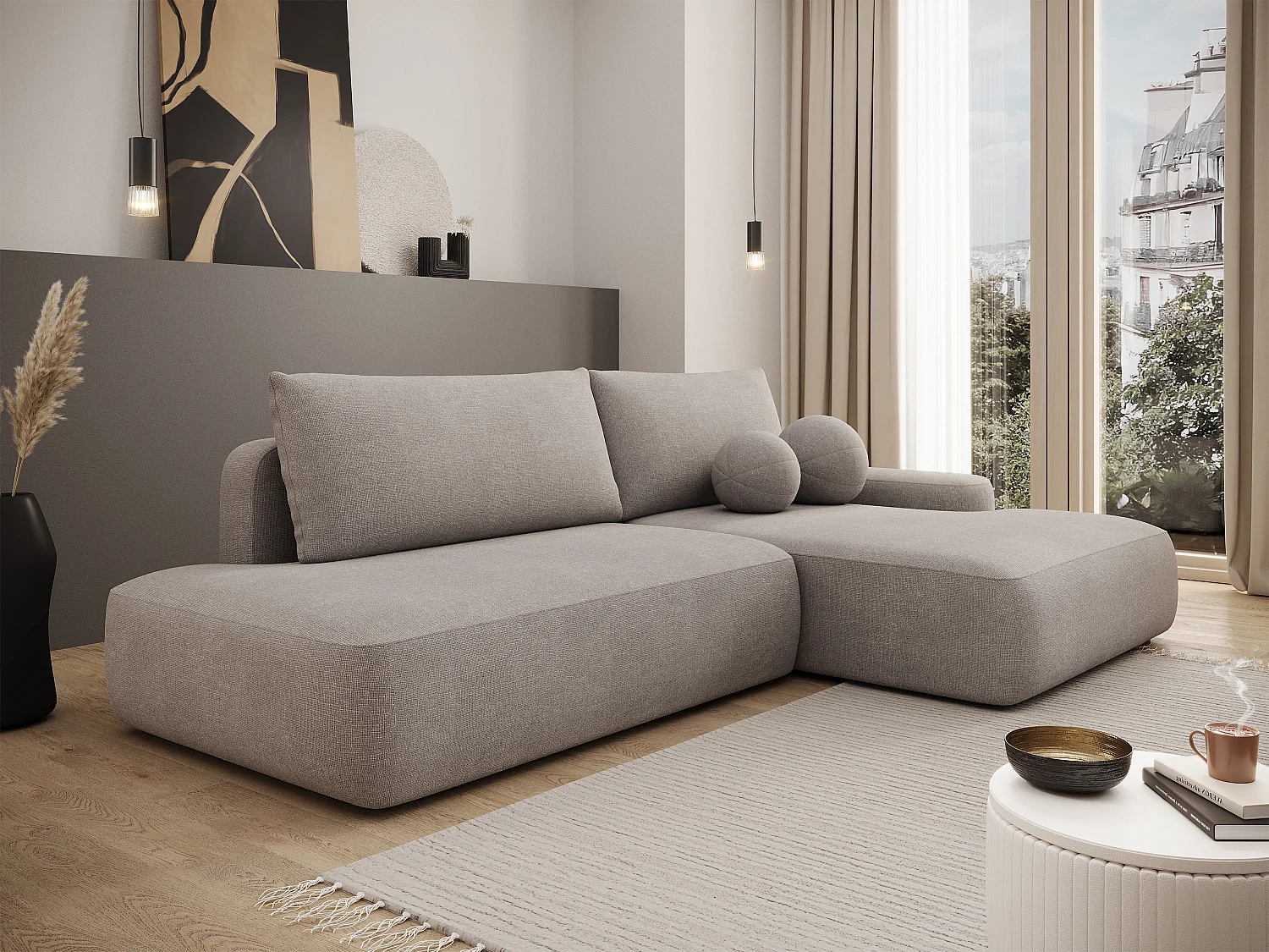 Canapé d'angle droit ouvert convertible en tissu texturé taupe DAVISO