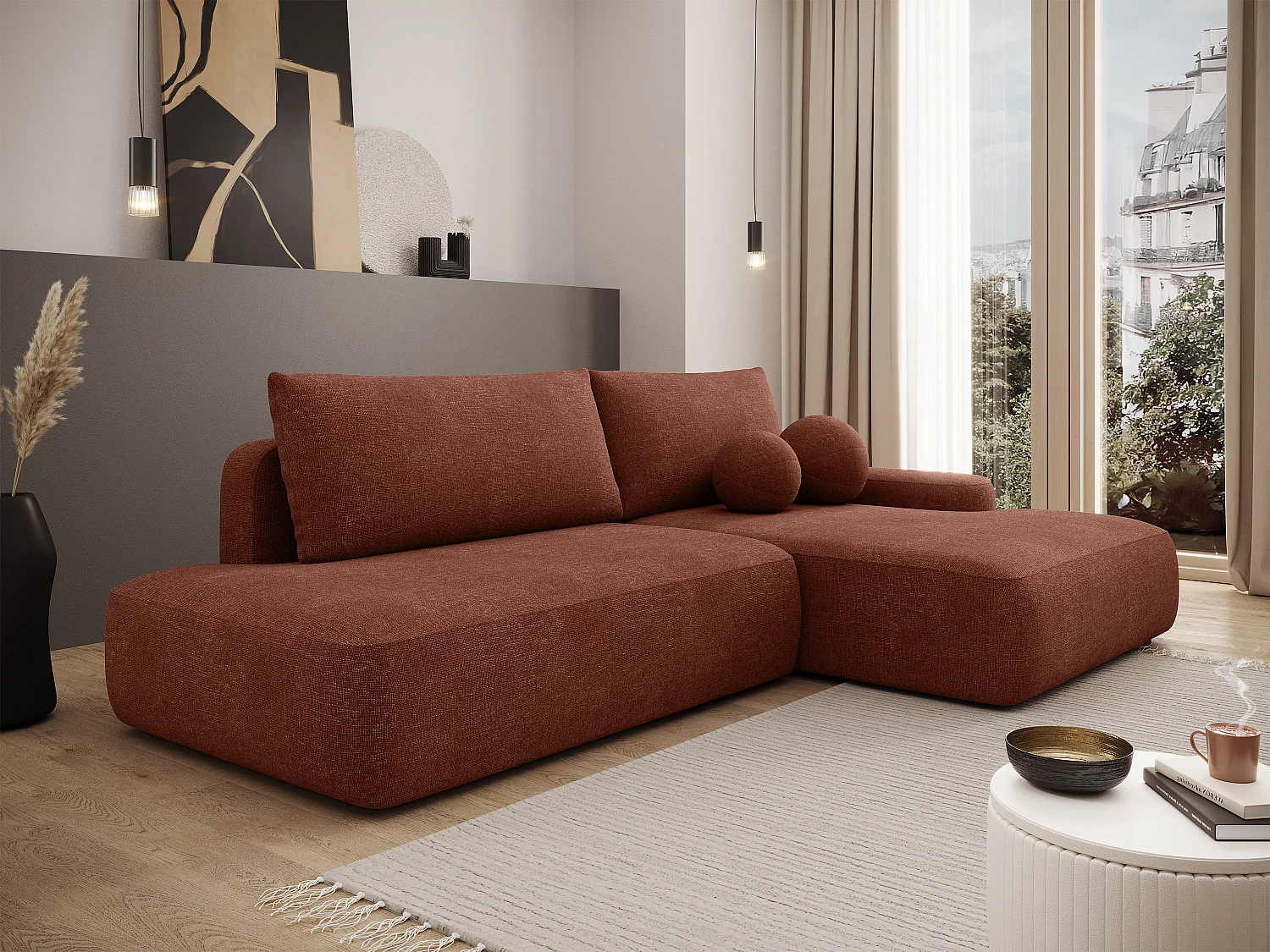 Canapé d'angle droit ouvert convertible en tissu texturé terracotta DAVISO