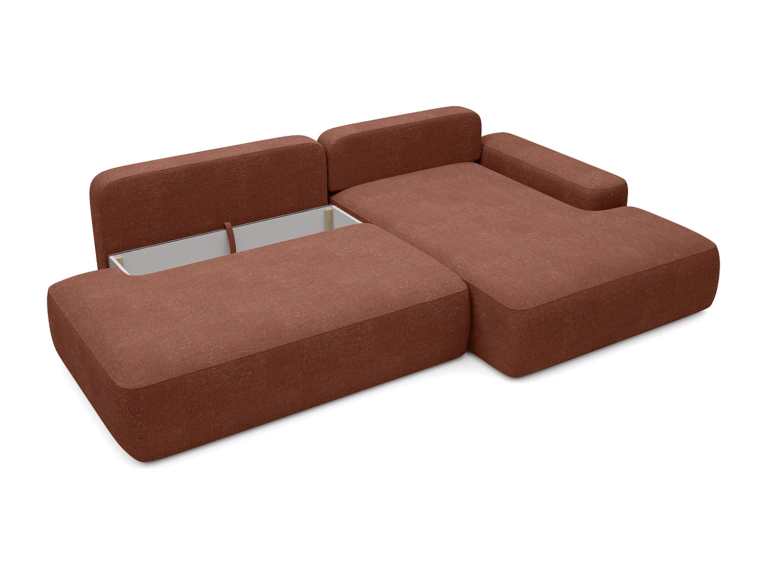 Canapé d'angle droit ouvert convertible en tissu texturé terracotta DAVISO
