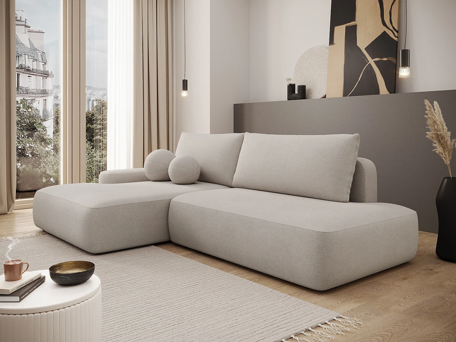 Canapé d'angle gauche ouvert convertible en tissu texturé beige DAVISO