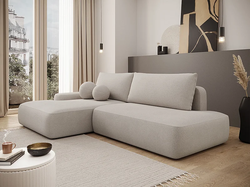 Canapé d'angle gauche ouvert convertible en tissu texturé beige DAVISO