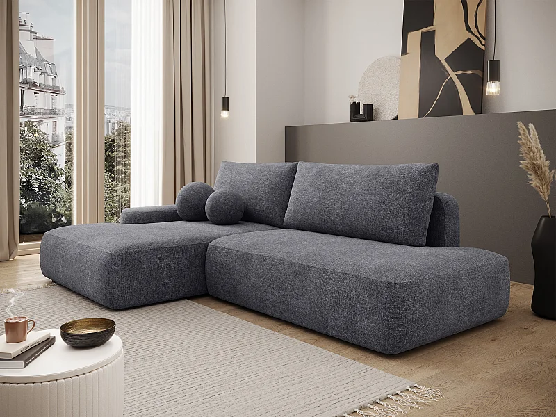 Canapé d'angle gauche ouvert convertible en tissu texturé gris anthracite DAVISO