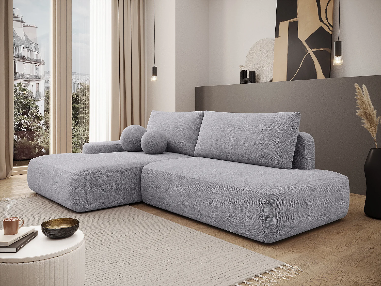 Canapé d'angle gauche ouvert convertible en tissu texturé gris clair DAVISO