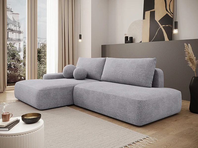 Canapé d'angle gauche ouvert convertible en tissu texturé gris clair DAVISO