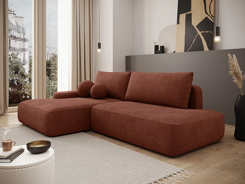 Canapé d'angle gauche ouvert convertible en tissu texturé terracotta DAVISO