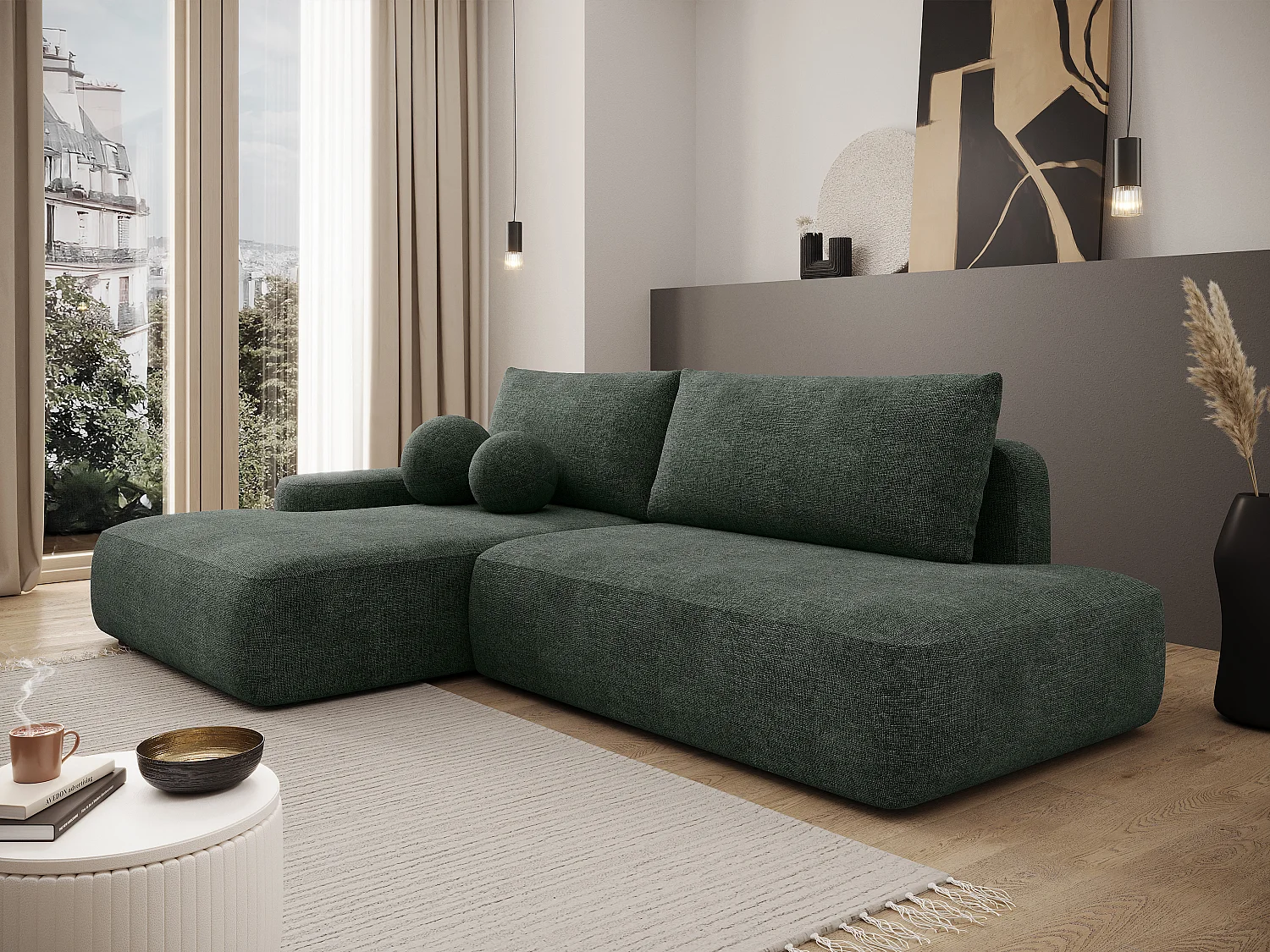 Canapé d'angle gauche ouvert convertible en tissu texturé vert sapin DAVISO