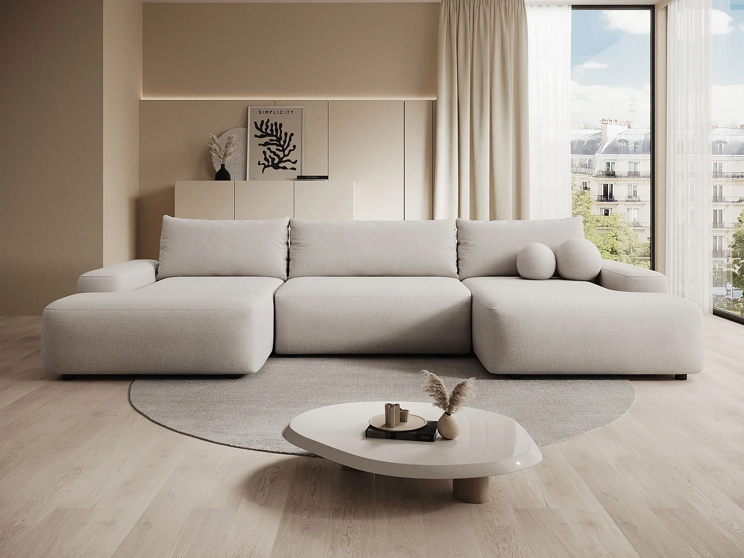 Grand canapé d'angle panoramique convertible en tissu texturé beige DAVISO