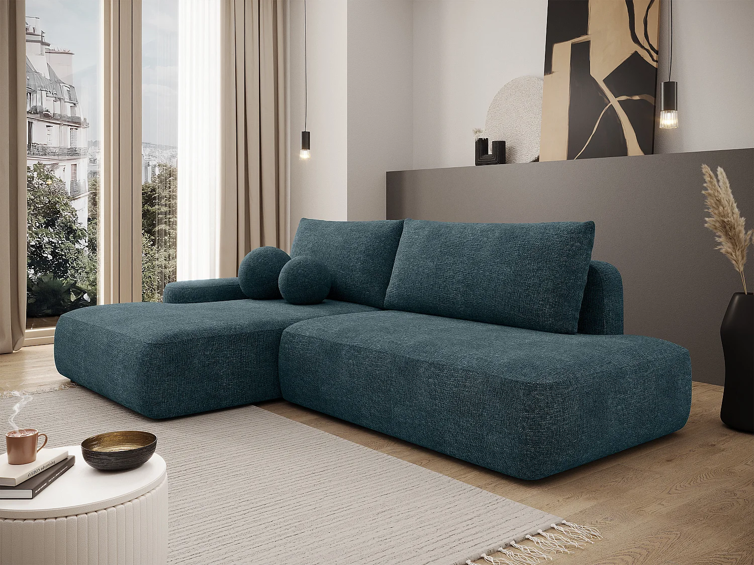 Canapé d'angle gauche ouvert convertible en tissu texturé bleu DAVISO