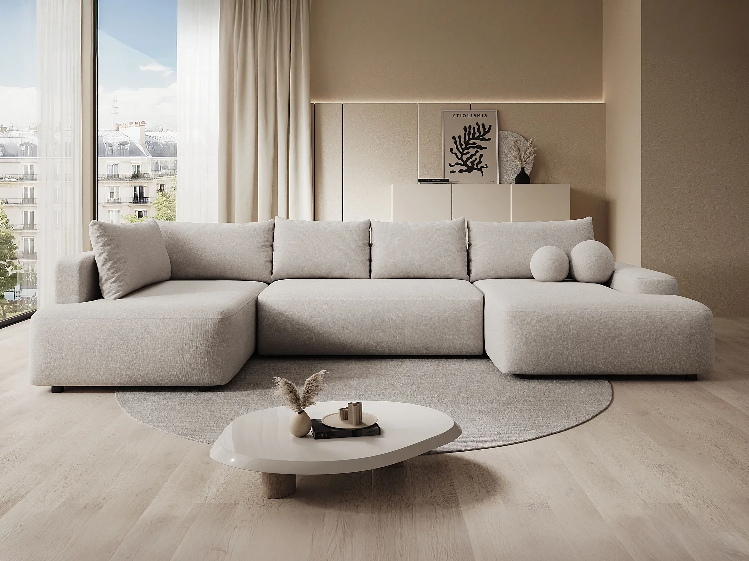 Grand canapé d'angle droit panoramique convertible en tissu texturé beige DAVISO
