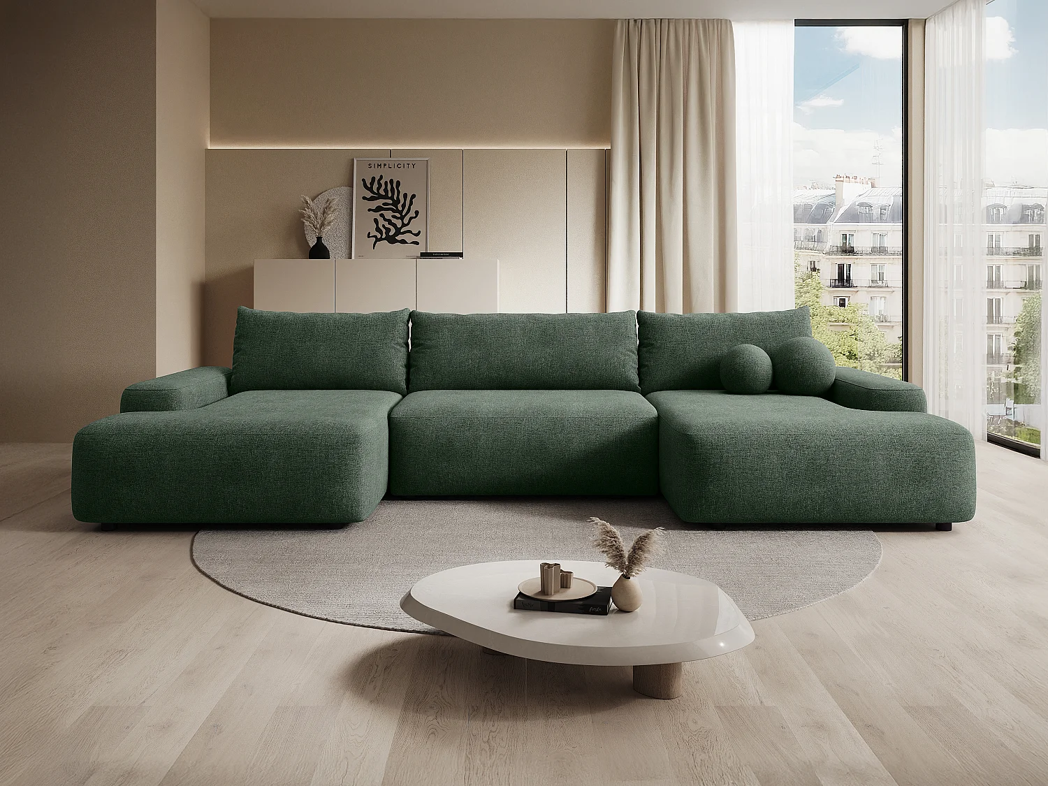 Grand canapé d'angle panoramique convertible en tissu texturé vert sapin DAVISO