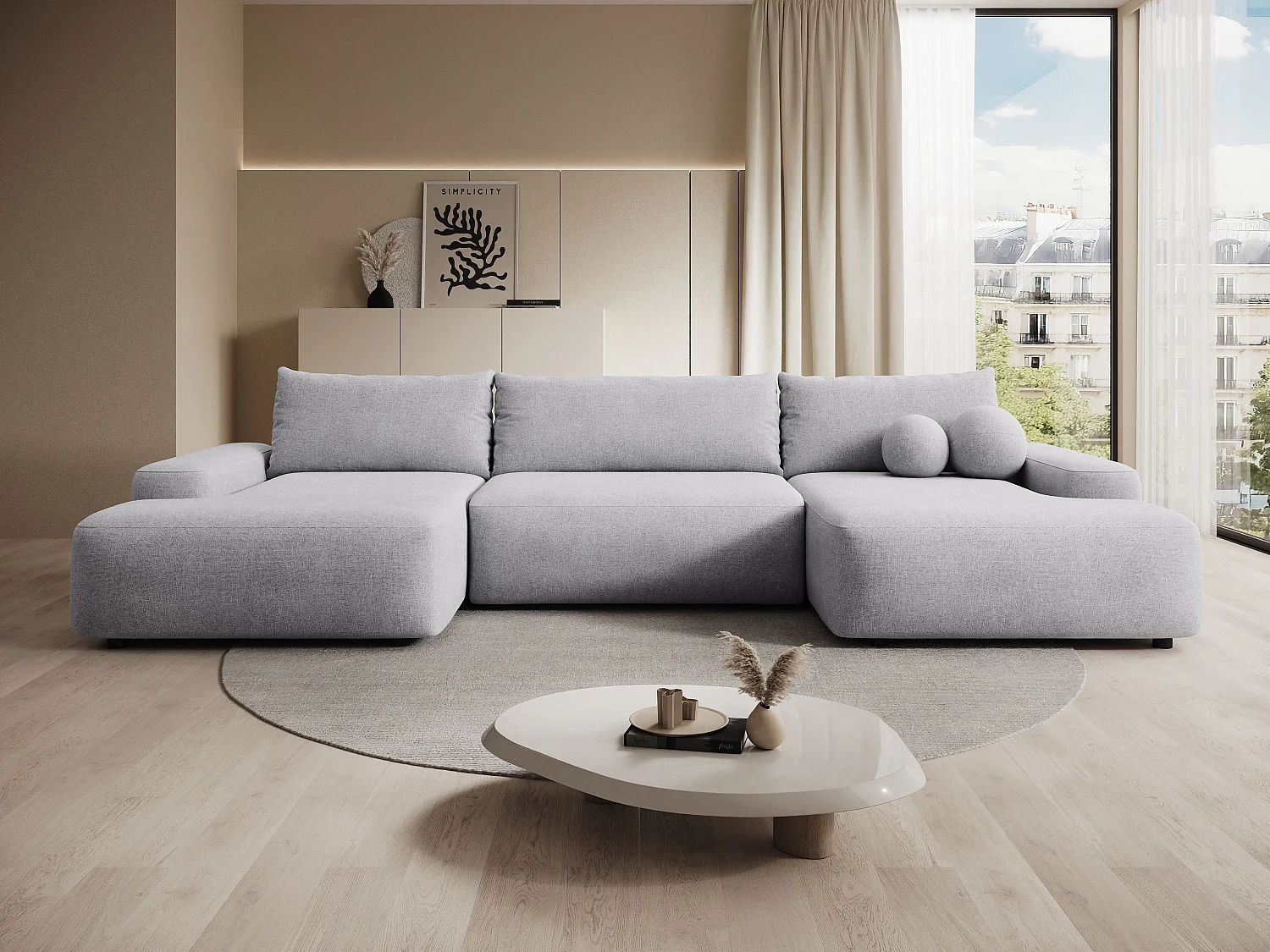 Grand canapé d'angle panoramique convertible en tissu texturé gris clair DAVISO