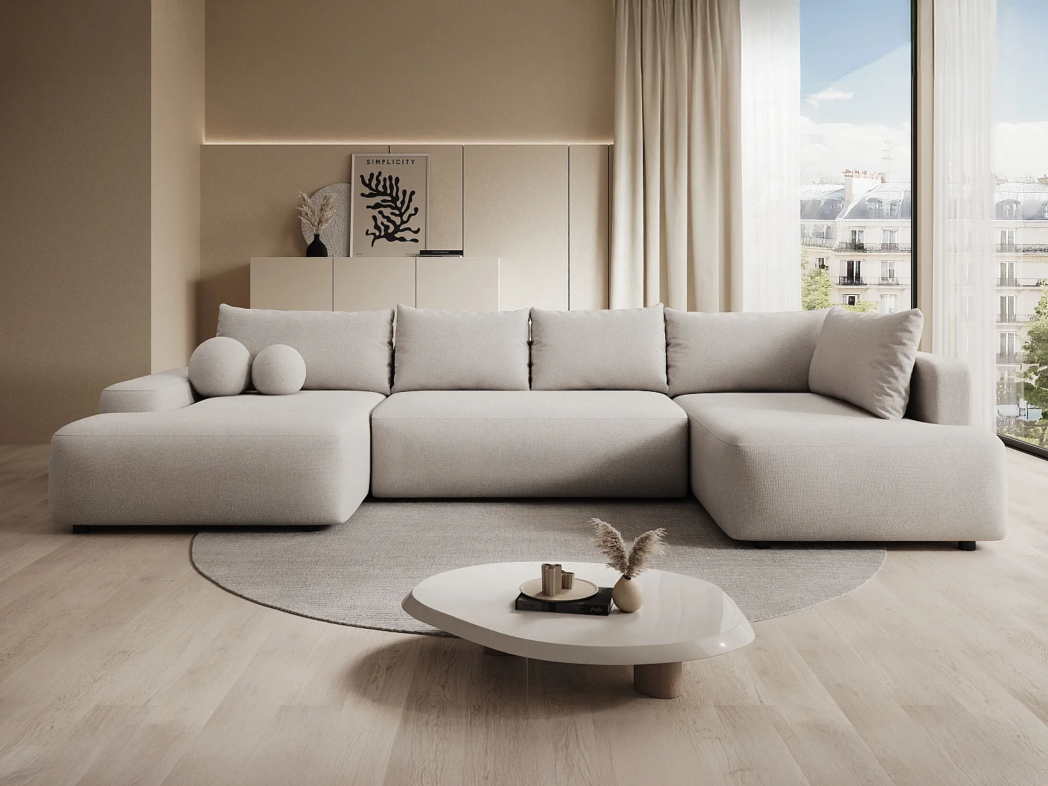 Grand canapé d'angle gauche panoramique convertible en tissu texturé beige DAVISO