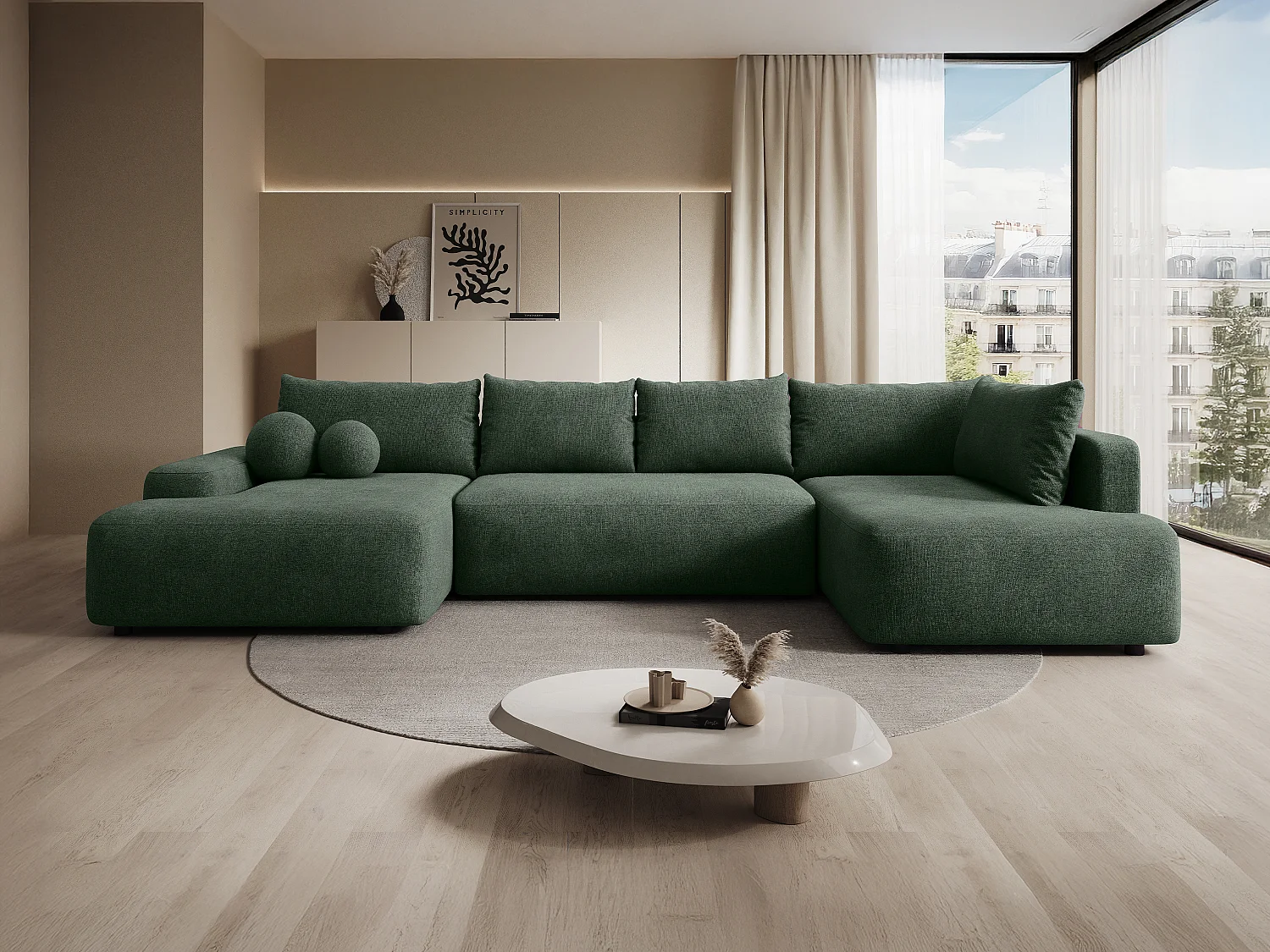 Grand canapé d'angle droit panoramique convertible en tissu texturé vert sapin DAVISO