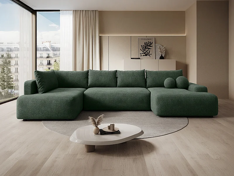 Grand canapé d'angle gauche panoramique convertible en tissu texturé vert sapin DAVISO