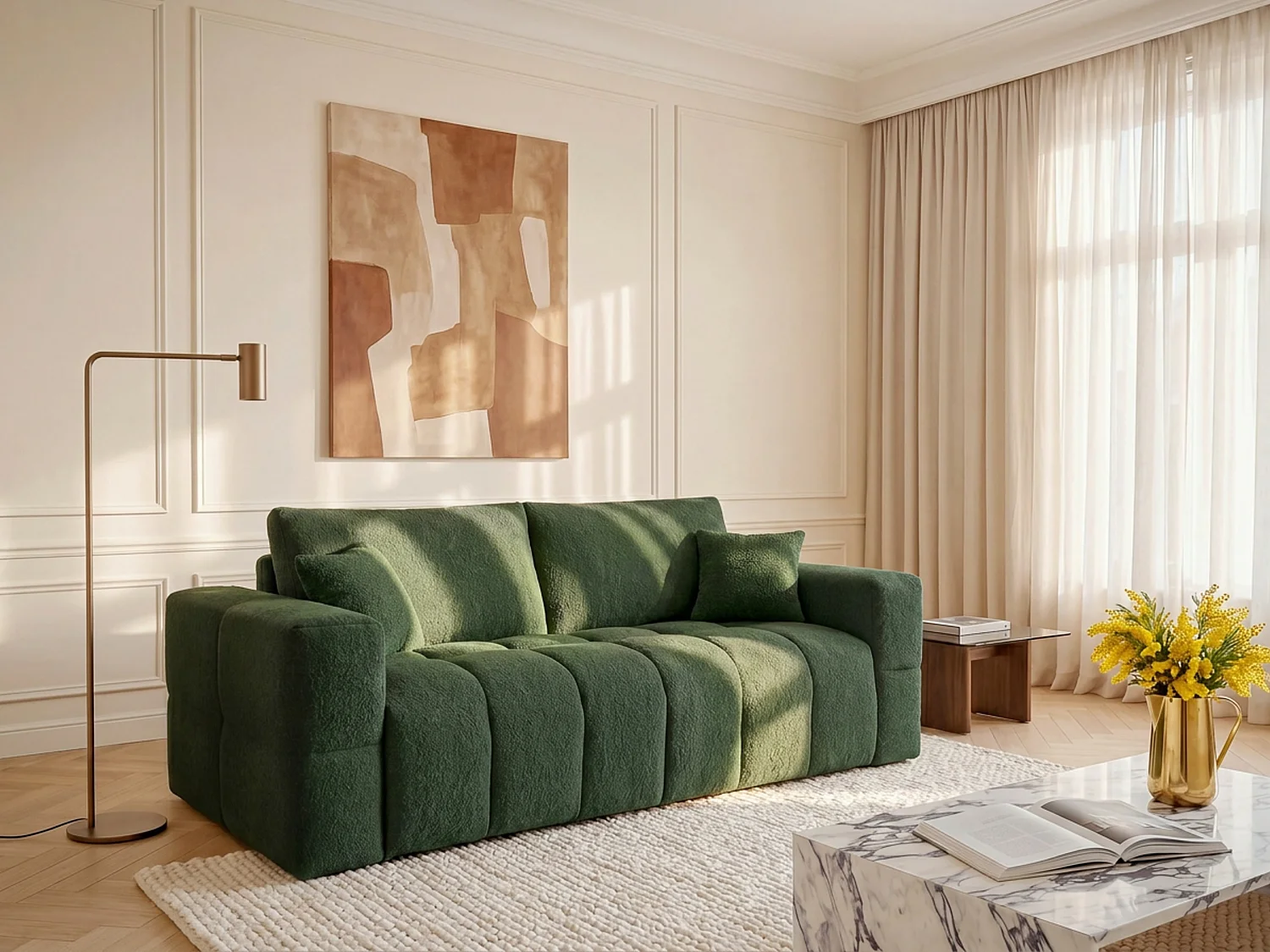 Canapé 3 places convertible express en tissu bouclette vert - Couchage 140 cm - Matelas 20 cm ISSORO