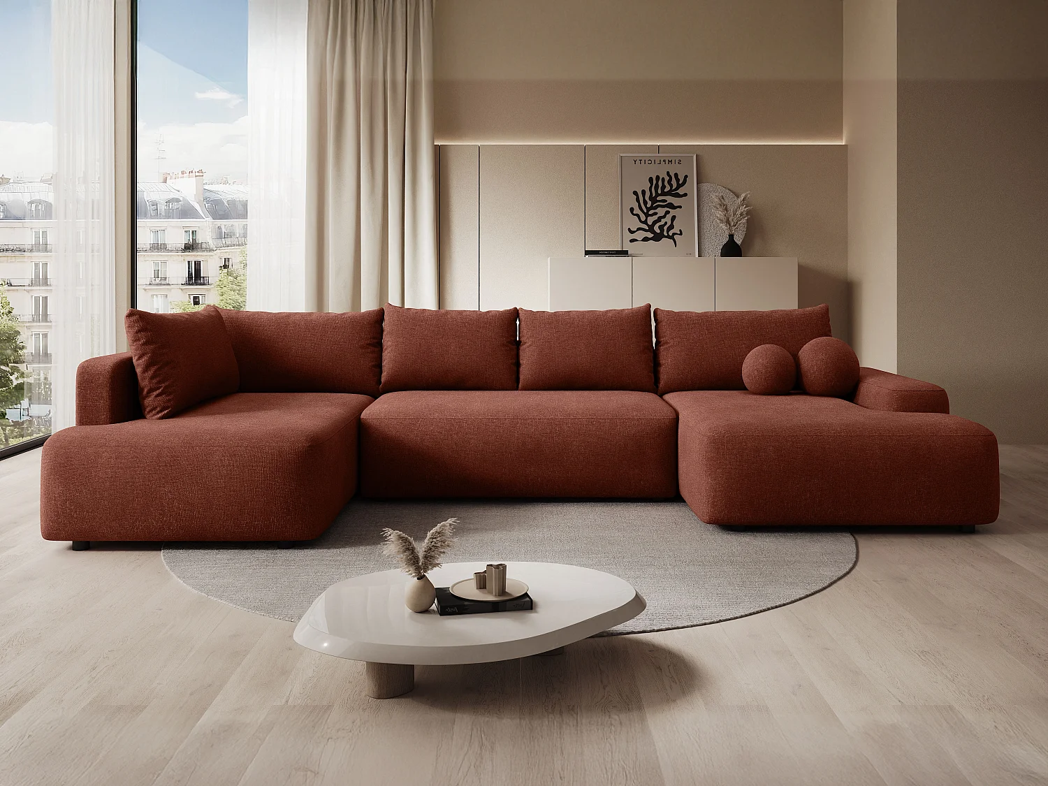 Grand canapé d'angle droit panoramique convertible en tissu texturé terracotta DAVISO