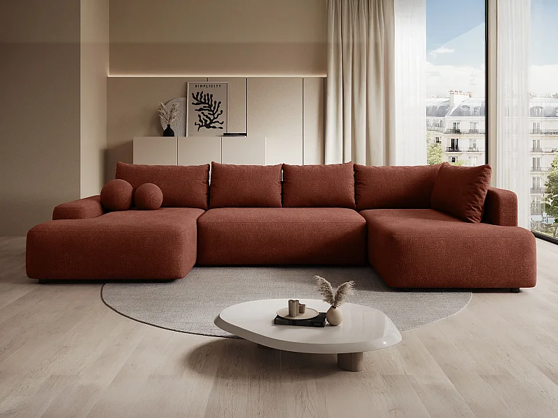 Grand canapé d'angle droit panoramique convertible en tissu texturé terracotta DAVISO