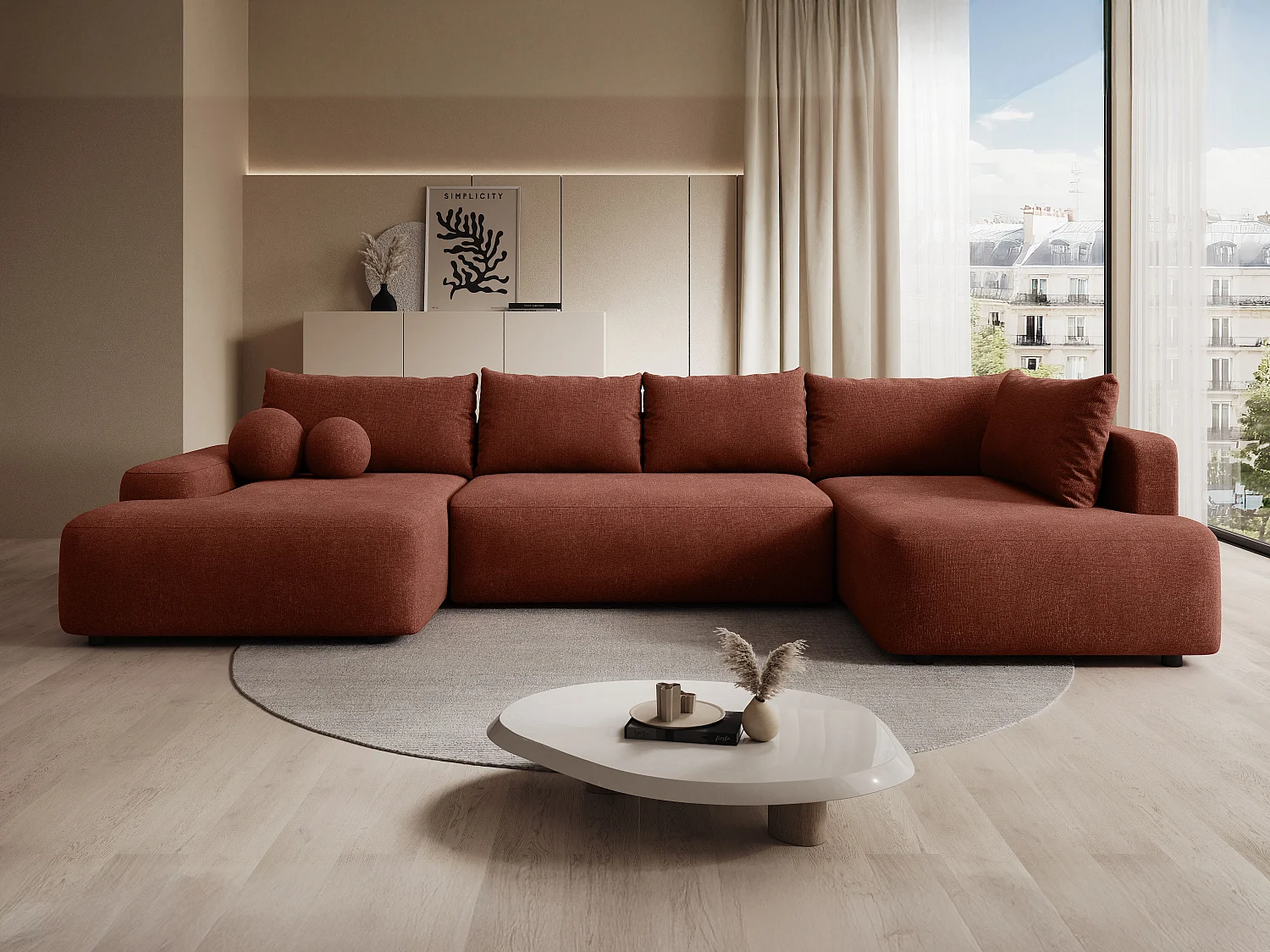 Grand canapé d'angle gauche panoramique convertible en tissu texturé terracotta DAVISO