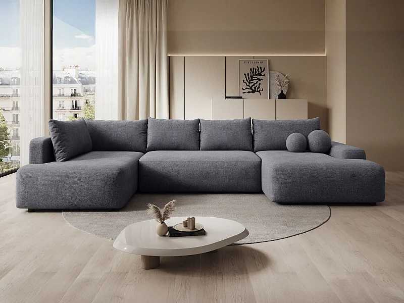 Grand canapé d'angle gauche panoramique convertible en tissu texturé gris anthracite DAVISO