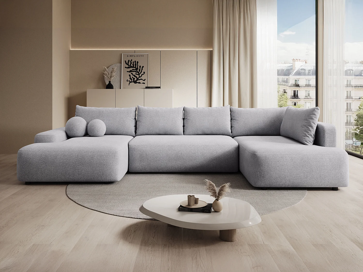 Grand canapé d'angle droit panoramique convertible en tissu texturé gris clair DAVISO