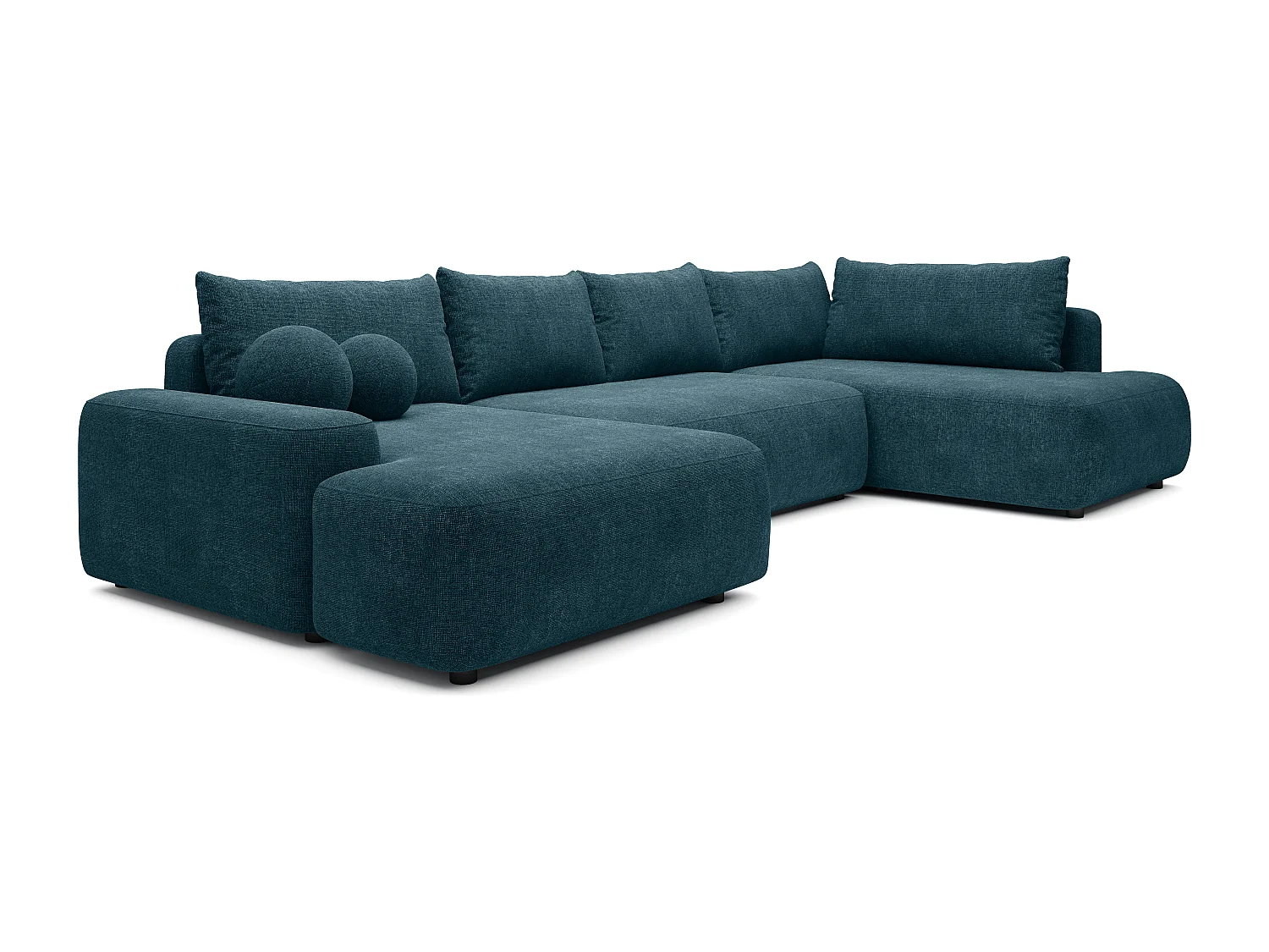 Grand canapé d'angle droit panoramique convertible en tissu texturé bleu DAVISO