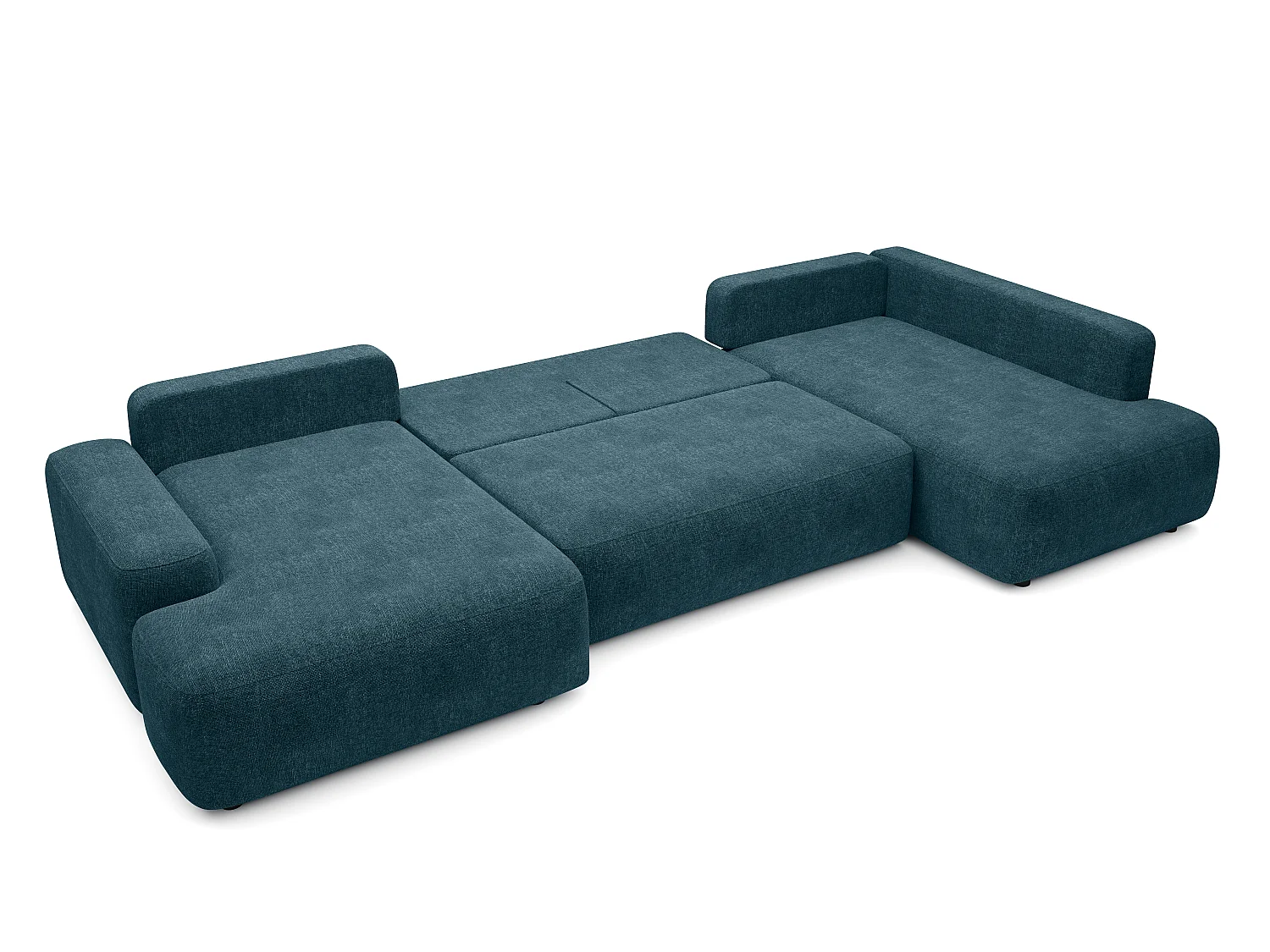 Grand canapé d'angle droit panoramique convertible en tissu texturé bleu DAVISO