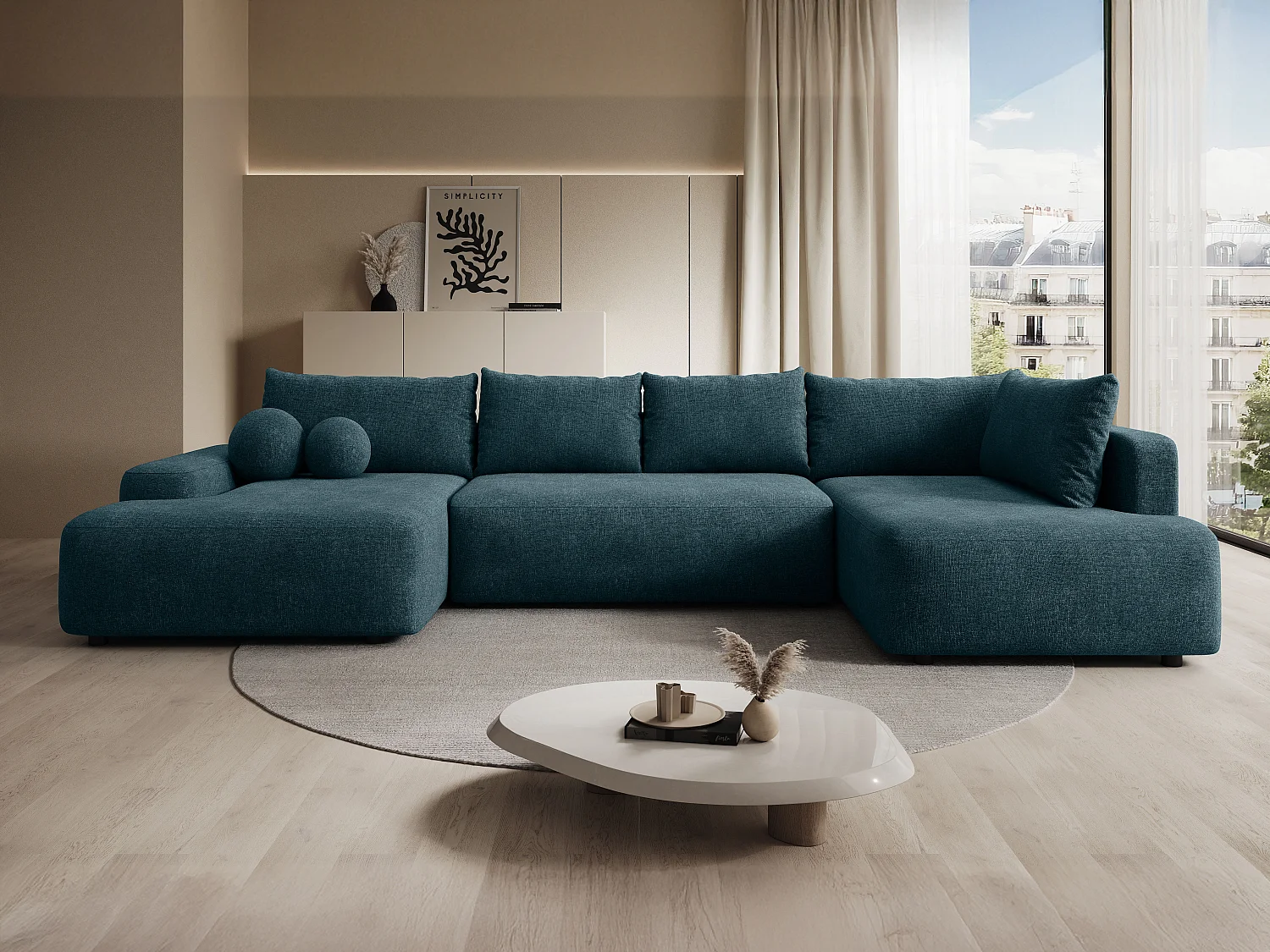 Grand canapé d'angle droit panoramique convertible en tissu texturé bleu DAVISO