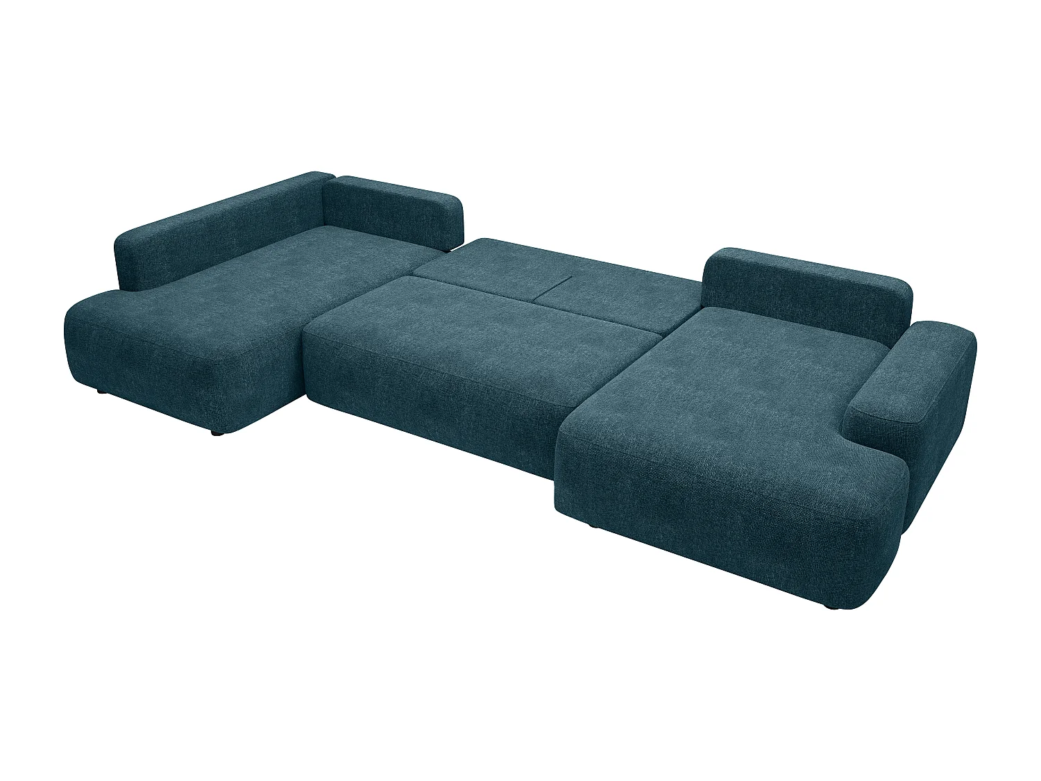 Grand canapé d'angle droit panoramique convertible en tissu texturé bleu DAVISO