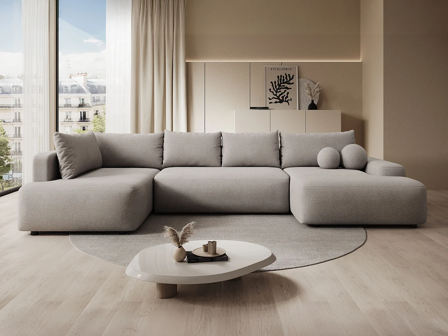 Grand canapé d'angle gauche panoramique convertible en tissu texturé taupe DAVISO