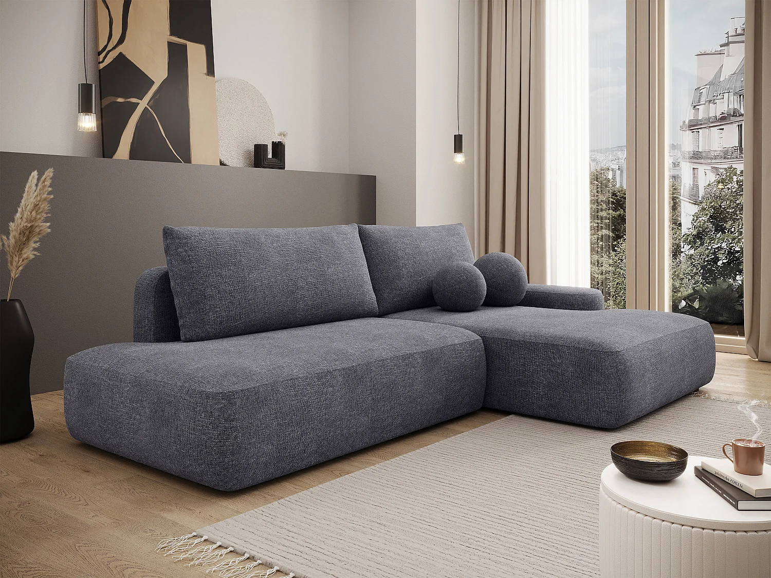 Canapé d'angle droit ouvert convertible en tissu texturé gris anthracite DAVISO