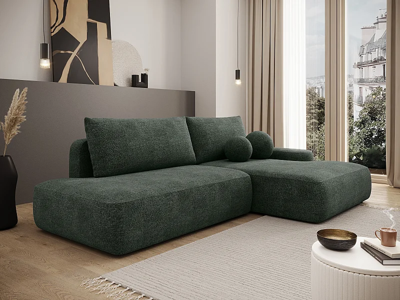 Canapé d'angle droit ouvert convertible en tissu texturé vert sapin DAVISO