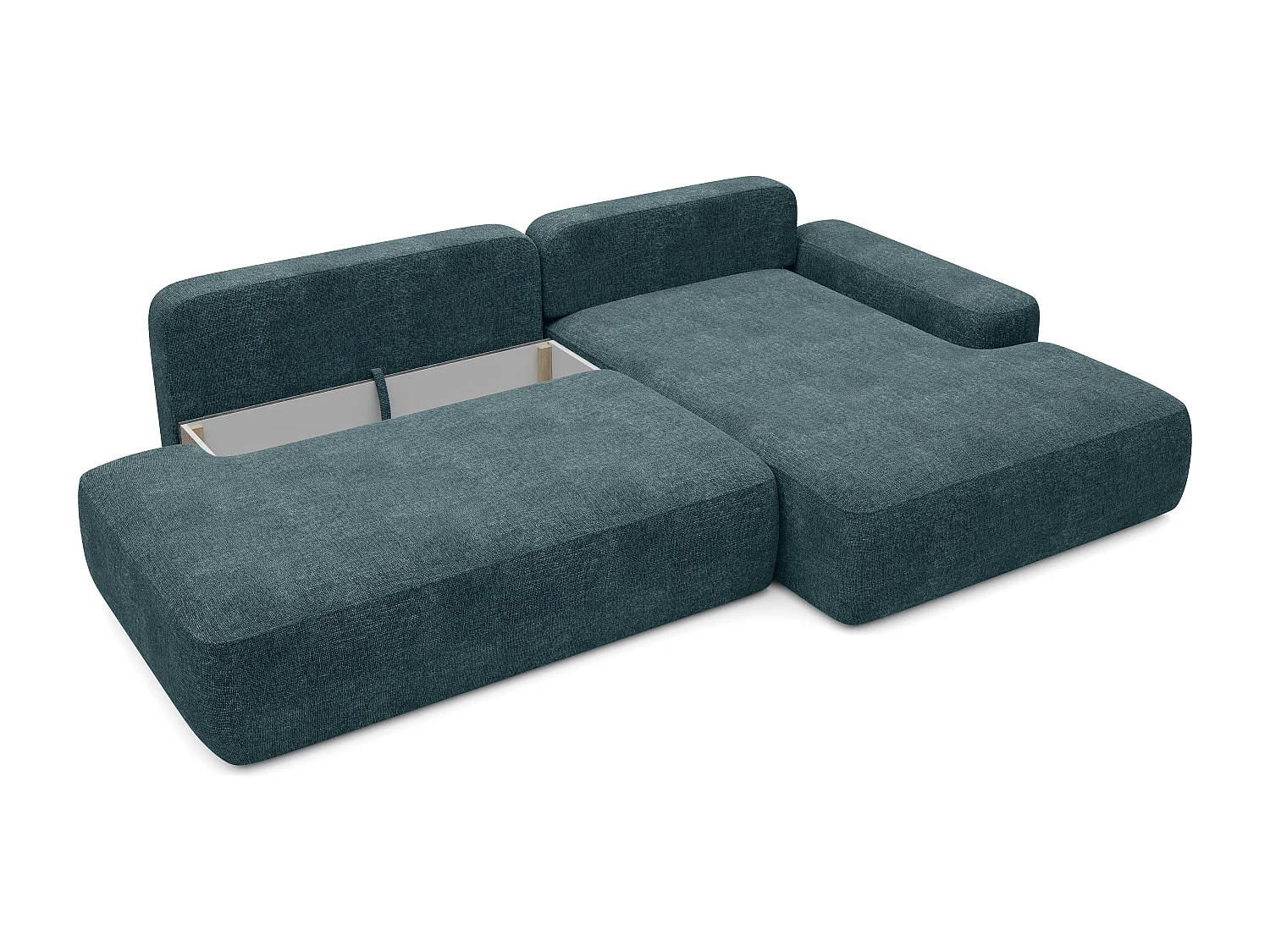 Canapé d'angle droit ouvert convertible en tissu texturé bleu DAVISO